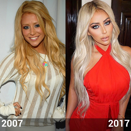 Side by side image of Aubrey O’Day in 2007 and 2017.